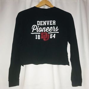 University of Denver Pioneers Black Long Sleeve Cut off top NWOT